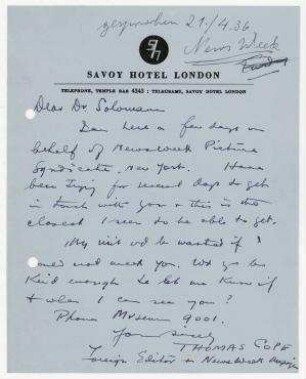 Brief von Thomas Cope, Foreign Editor, News Week Magazin, aus dem Savoy Hotel, London an Erich Salomon