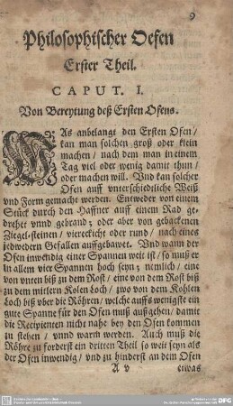 CAPUT. I. Von Bereytung deß Ersten Ofens.