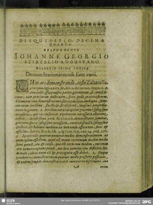 Disquisitio Decima Quarta. Respondente Johanne Georgio Stirzlio Augustano