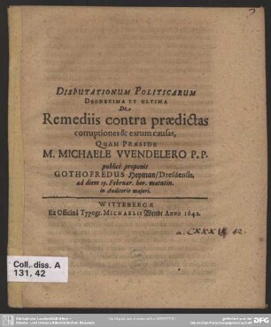 Disputationum politicarum duodecima et ultima de remediis contra praedictas