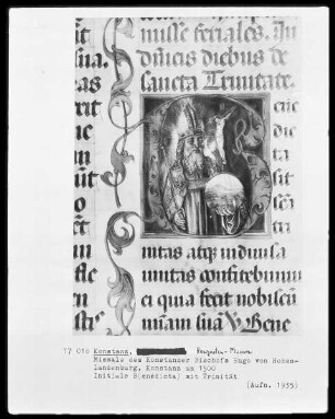 Missale des Konstanzer Bischofs Hugo von Hohenlandenburg — Initiale B (enedicta) mit Trinität