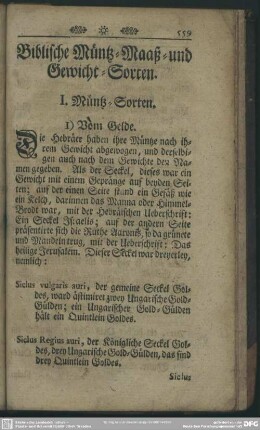 Biblische Müntz-Maaß- und Gewicht-Sorten