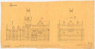 Schloss Kynau Umbau: Aufriss Vorderansicht, (weitere) Ansicht, Maßstabsleisten (Meter und Fuß)