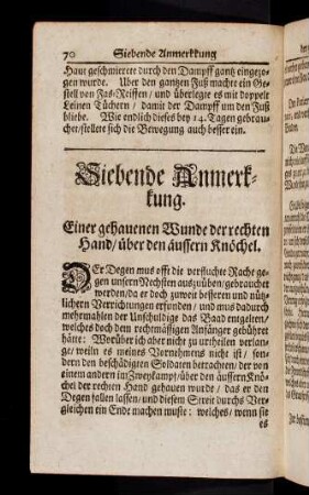 70-97, Siebende Anmerkkung. Einer gehauenen Wunde der rechten Hand / über den äussern Knöchel. Achte Anmerkkung. Einer gehauenen Wunde über das Brust-Bein. Neundte Anmerkkung. Einer gehauenen Wunde des linkken Fusblattes.