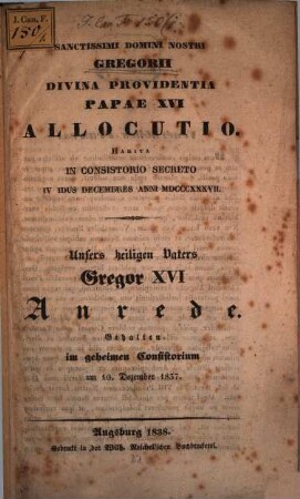 Gregorii XVI Allocutio habita in Consistorio Secreto IV. Idus Decembris anni 1837
