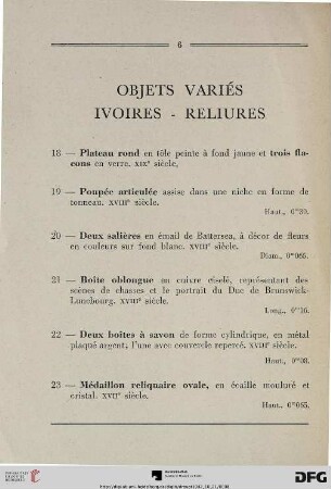 Objets variés : Ivoires – Reliures (Nr. 18-46)