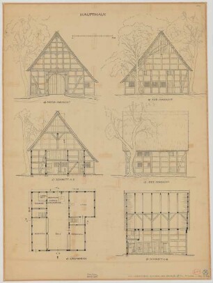 Olsberg (Kreis Brilon): Hof Nr. 10 Vorderwülbeke. Haupthaus (Grundriss, Nordansicht, Ostansicht, Südansicht, Ansichten, Schnitte)