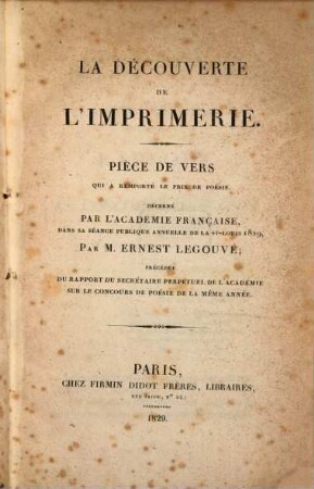 La découverte de l'imprimerie : Pièce de vers qui a remporté le prix de poésie