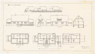 Musterhäuser für Kleinsiedlungen: Doppelwohnhaus Vorderansicht, Rückansicht und Seitenansicht, Querschnitt, Grundrisse von Kellergeschoss, Erdgeschoss und Dachgeschoss 1:100
