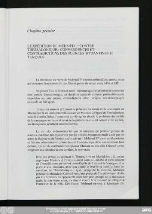 Chapitre premier L'Expédition De Mehmed Ier Contre Thessalonique: Convergences Et Contradictions Des Sources Byzantines Et Turques