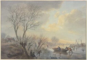 Winterlandschaft, auf dem Eis schieben drei Männer ein Boot dem Land zu, dabei zwei Hunde stehend