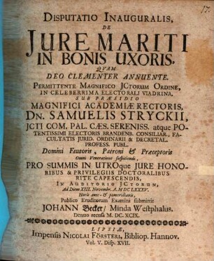 Disputatio Inauguralis, De Jure Mariti In Bonis Uxoris