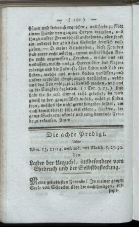 Die achte Predigt. [...] Vom Laster der Unzucht, insbesondere vom Ehebruch und der Selbsbefleckung.