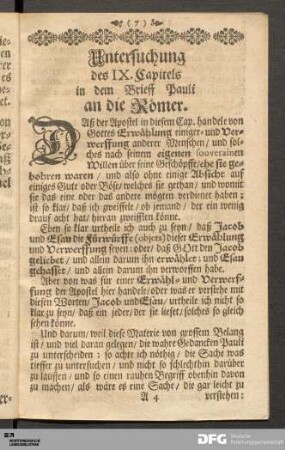 Untersuchung des IX. Capitels in dem Brieff Pauli an die Römer.