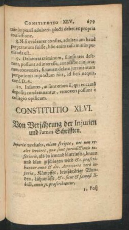 Constitutio XLVI. Von Verjährung der Iniurien und Famos-Schrifften