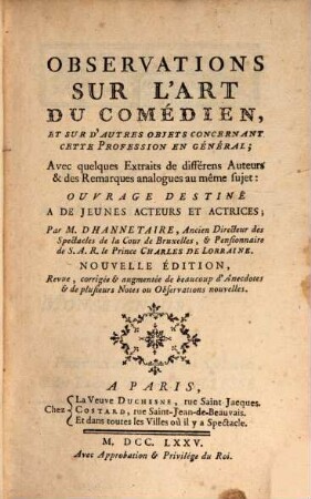 Observations sur l'art du comédien ...