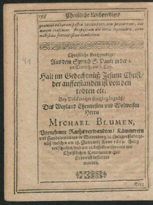 Christliche Leichpredigt/ ... Herrn Michael Blumen ...