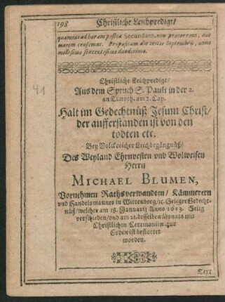 Christliche Leichpredigt/ ... Herrn Michael Blumen ...