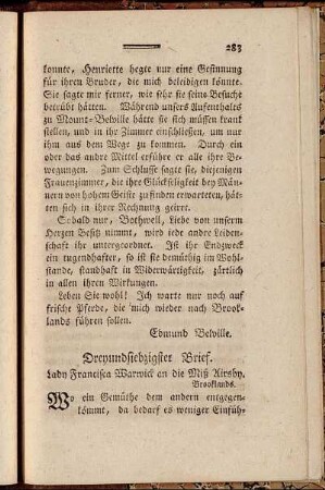 Dreyundsiebzigster Brief. Lady Francisca Warwick an die Miß Airsby. - Achtundsiebzigster Brief. Miß Melvern an die Miß Airsby, zur Antwort.