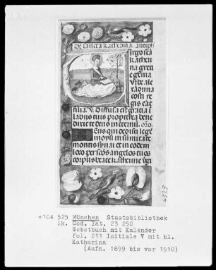 Gebetbuch mit Kalender — Initiale V mit der heiligen Katharina, Folio 211recto