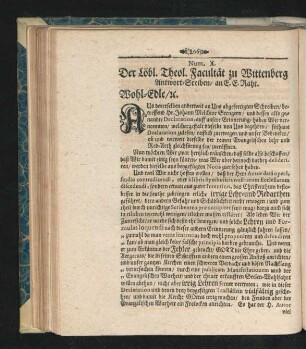 Num. X. Der Löbl. Theol. Facultät zu Wittenberg Antwort-Schreiben/ an E. E. Raht.
