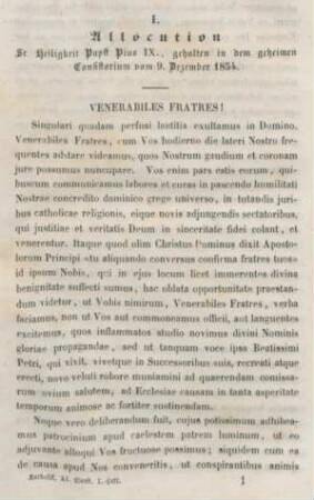 1-9 Allocution Sr. Heiligkeit Papst Pius IX., gehalten in dem geheimen Consistorium vom 9. Dezember 1854