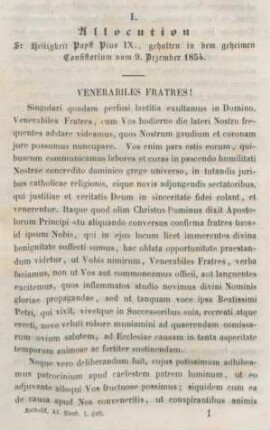 1-9 Allocution Sr. Heiligkeit Papst Pius IX., gehalten in dem geheimen Consistorium vom 9. Dezember 1854