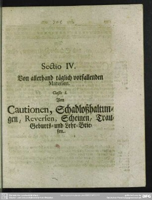 Sectio IV. [V.] Von allerhand täglich vorfallenden Materien