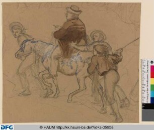 Dicker Mann auf Pony von drei Jungen geführt/getrieben