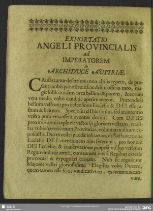 Exhortatio Angeli Provincialis ad Imperatorem de Archiduce Austriae