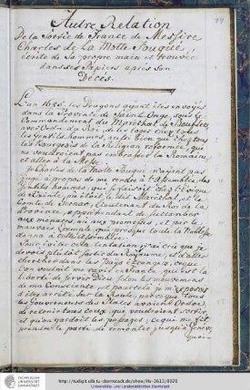Autre Relation / De la Sortie de France de Messire / Cahrles de la Motte Fouqué, ecrite de sa propre main et trouvée das ses Papiers aprés son Décés.