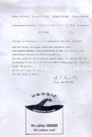 Satirische Pressemitteilung der "Nessi Partei" zur Kölner Oberbürgermeisterwahl 2000