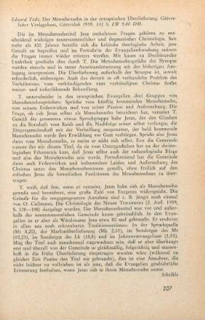 207 [Rezension] Tödt, Heinz Eduard, Der Menschensohn in der synoptischen Überlieferung