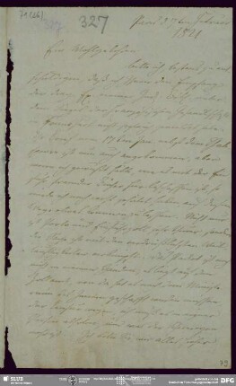 Eigenh. Brief von August Wilhelm von Schlegel an Buchhandlung Eduard Weber <Bonn> mit gedr. Beilage in Sanskrit, Paris, 07.02.1821