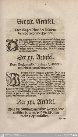 Der XIX. Artickel. Der Gegenschreiber sol ohne bevehl nicht abschreiben.