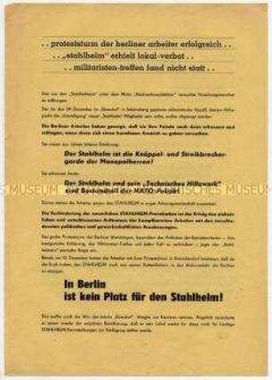 Agitationsblatt der SED an Westberliner Arbeiter, DGB und SPD für Stahlhelm-Verbot, gegen NATO und Militarismus, nach Lokal-Verbot für Stahlhelm-Treffen in Westberlin