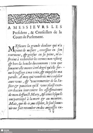 A Messieurs Les Presidens, & Conseillers de la Court de Parlement