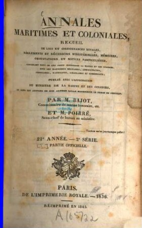 Annales maritimes et coloniales. Partie officielle. 21 = Sér. 2. 1836
