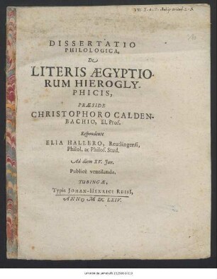 Dissertatio Philologica, De Literis Aegyptiorum Hieroglyphicis