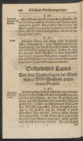 Sechszehendes Capitel Von den Vertheidigern der Wolffischen Welt-Weißheit gegen deren Gegner