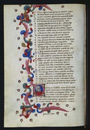 Textseite mit Initiale und Schmuckleiste, fol. 40v : Ovidii metamorphoseon libri XV., Textseite mit Initiale und Schmuckleiste, fol. 40v, Italien, 14. Jh. Pergament, Wasserfarben, Blattgold, Tinte; 24 x 16,2 cm (Blattgröße). Dresden: SLUB Mscr.Dresd.Dc.144