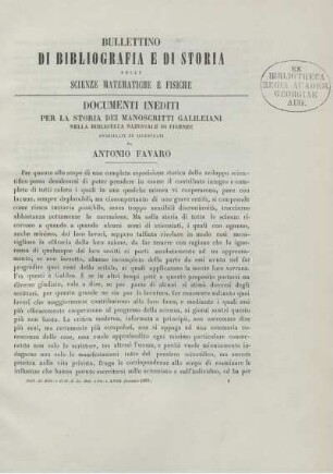 Documenti inediti per la storia dei Manoscritti Galileiani nella Biblioteca Nazionale di Firenze.