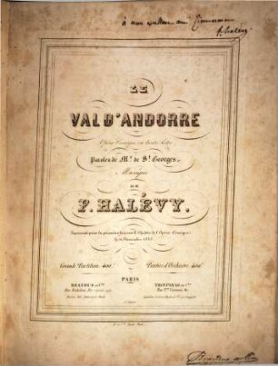 Le val d'Andorre : opéra comique en trois actes ; représenté pour la première fois sur le Théâtre de l'Opéra-Comique le 11 novembre 1848