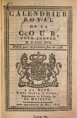 Calendrier royal de la cour pour l'année .... 1817