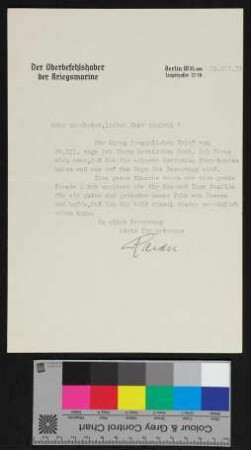 Der Oberbefehlshaber der Kriegsmarine an Admiral a.D. von Karpf