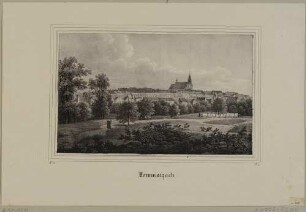 Stadtansicht von Lommatzsch in Sachsen mit der Wenzelskirche von Nordwesten, aus der Zeitschrift Saxonia 1837