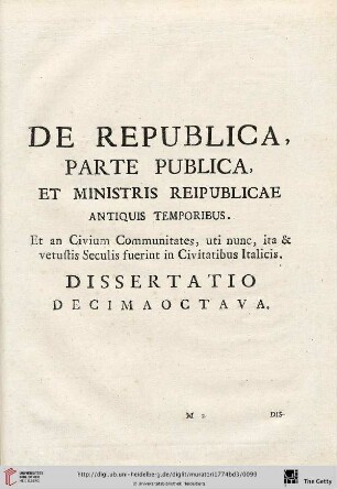 Dissertatio decimaoctava: De Republica, Parte publica, et Ministris Reipublicae antiquis temporibus
