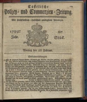 6tes Stueck, Montag den 9ten Februar. 1789