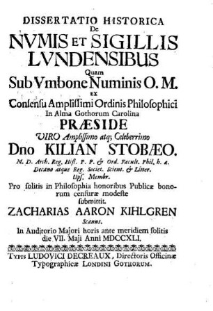 Dissertatio Historica De Nvmis Et Sigillis Lvndensibus