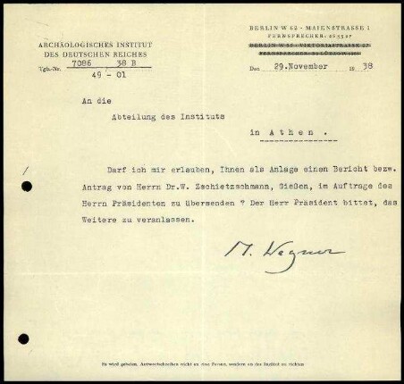 M. Wegner an DAI Athen